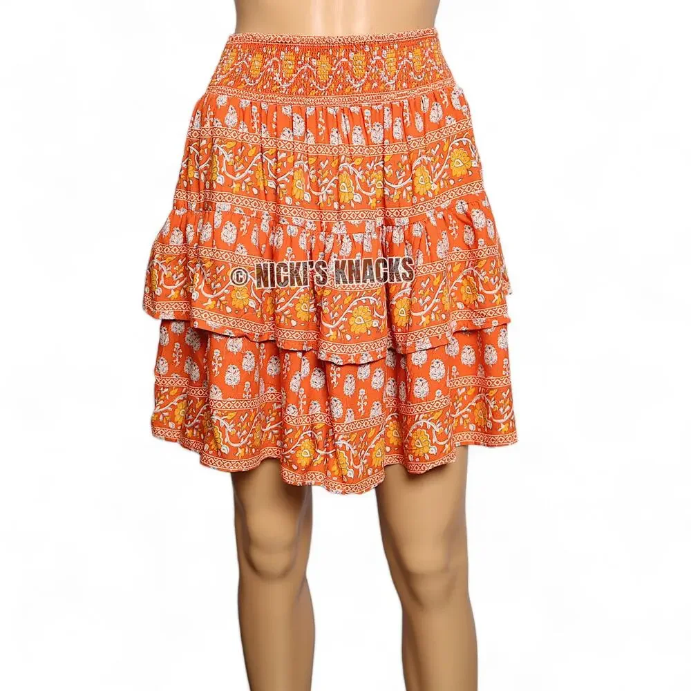 Nicole Miller Mini Skirt Orange Yellow Floral Ruffle Boho Cottagecore Chic Sze S